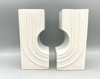Mid Century Modern White Crackle Glaze Vases, West Germany Pottery, Set of 2