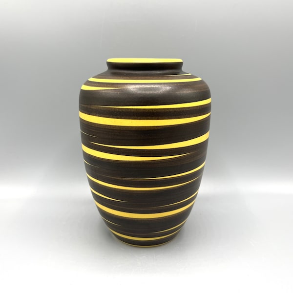 Ilkra Edelkeramik Cairo , beautiful medium size, mat black and yellow lines vase, nice rare Mid Century Pottery  West Germany.