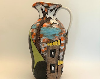 Fratelli Fanciullacci  vase,  houses and trees decor  , vintage Mid Century Modern Italian   vase  from the 1960s.
