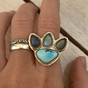 Animal Lover Ring, Turquoise and Labradorite 925 Sterling Silver Ring, Gemstone Cat Dog Paw Print Ring, Animal Lovers Gift, Handmade