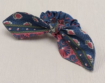 Blue Jeans Floral Hair Scrunchie With Bow.