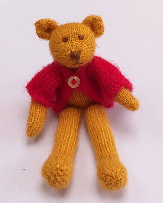 Little Teddy Bear With Small Red Jacket On, Handknitted Little Teddy Bear With Small Red Jacket On, Handknitted
