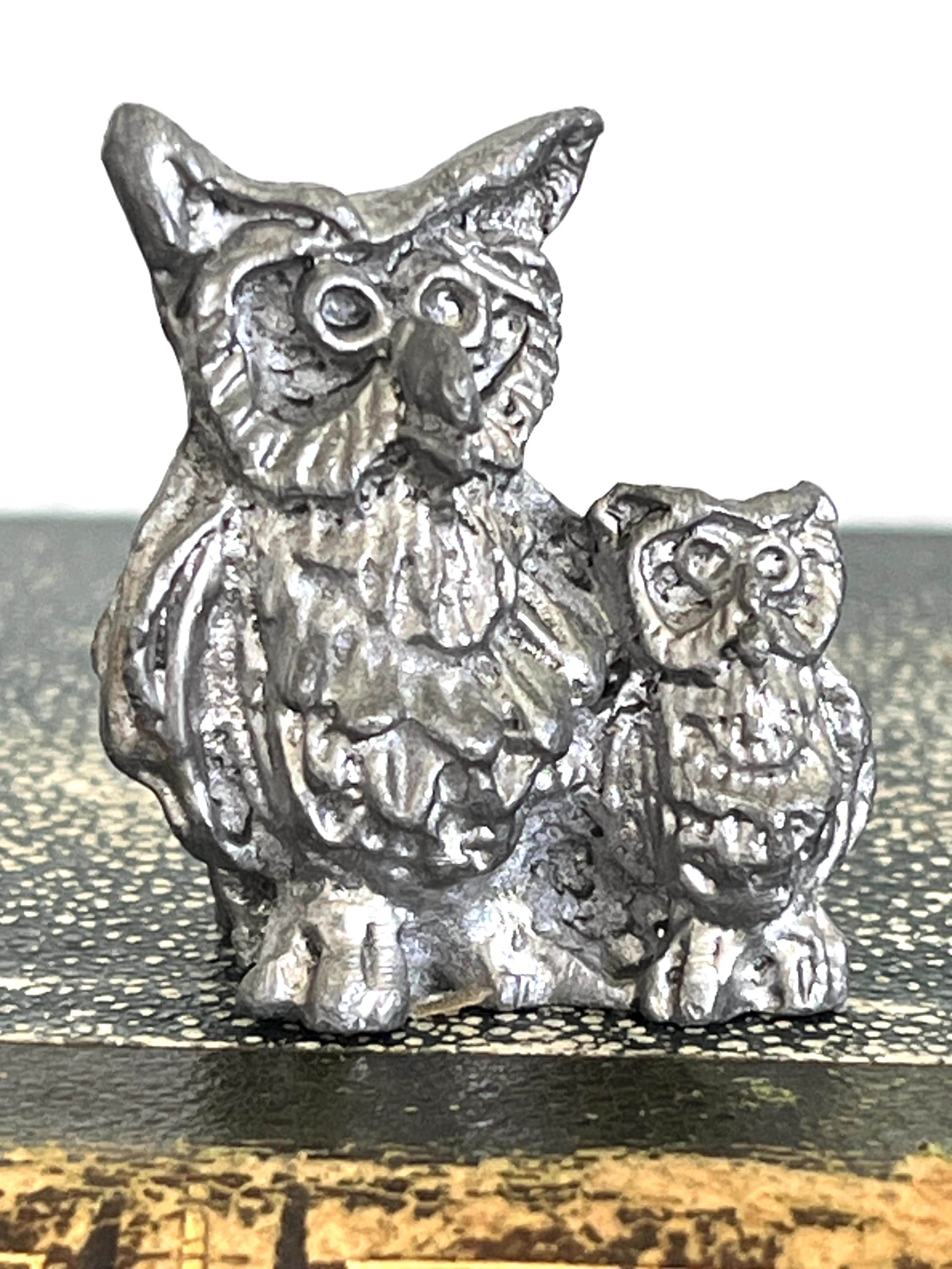 Vintage Pewter Owl Family, Miniature | Owl Mom and Baby | Pewter Bird