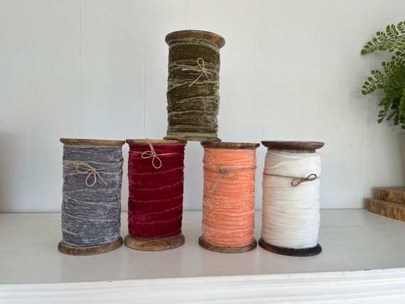 Vintage Frayed Edge Velvet Ribbon on Large Wooden Spool | Craft Ribbon | Gift Ribbon