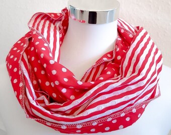 Loop scarf made of cotton jersey in red and white with dots and stripes for spring / autumn