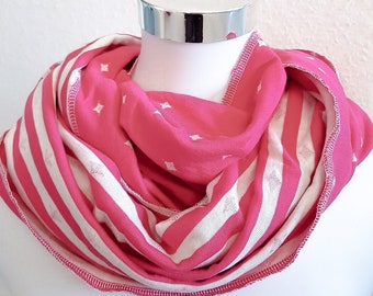 Loop scarf made of cotton jersey in pink and white with stars and stripes for spring / autumn