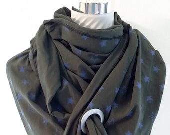 XXL scarf made of jersey in dark green with blue stars for spring / autumn