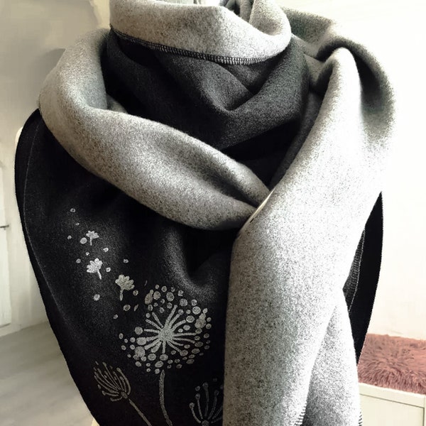 XXL scarf made of winter sweat in gray with silver-colored dandelions