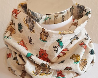 Neck sock made of cotton jersey for children in cream white with animals - deer, foxes, squirrels