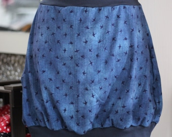 Balloon skirt, size 34 - 58 and made to measure, made of jersey in blue with birds