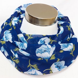 Loop scarf made of chiffon in blue with light blue flowers image 1