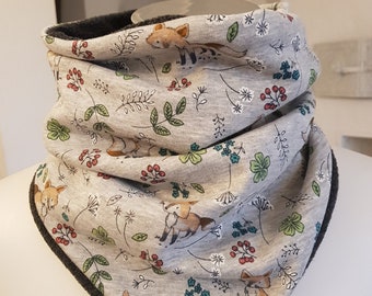 Slip-on scarf made of fleece and alpine fleece in gray with foxes for children