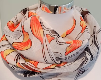 Loop scarf made of light chiffon in light gray and white with orange flowers