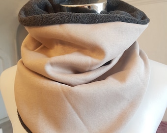 Fleece and cotton jersey slip-on scarf in beige and grey