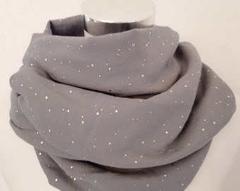 Loop scarf for spring made of muslin in gray with gold-colored dots