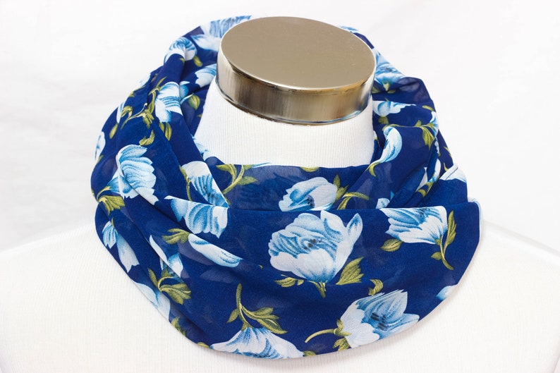 Loop scarf made of chiffon in blue with light blue flowers image 1