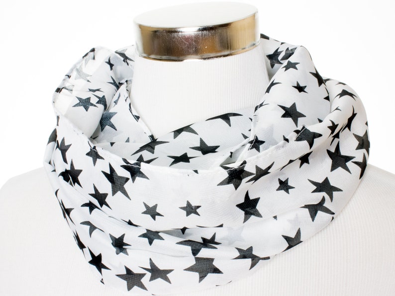White chiffon loop scarf with black stars image 1