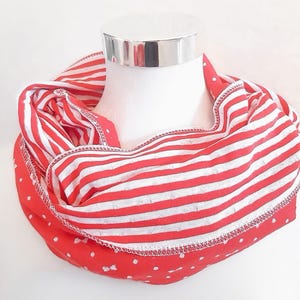 Loop scarf made of cotton jersey in red and white with dots and stripes for spring/autumn
