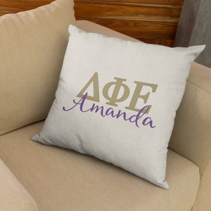 Delta Phi Epsilon Sorority Pillow: Linen Greek Letters, Big Little Gift
