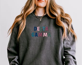 May include: Dark gray sweatshirt with the embroidered text "DELTA GAMMA" in colorful letters. The letters are in shades of blue, pink, and green. The sweatshirt has a crew neck and long sleeves.