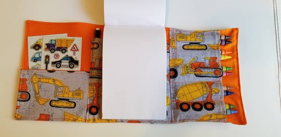 Travel Art Kit for Kids - Construction Trucks Travel Drawing Wallet, Art Kit, Crayon Roll Up, Birthday Gift for Kids, Kids Activity Kit