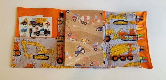 Travel Art Kit for Kids - Construction Trucks Travel Drawing Wallet, Art Kit, Crayon Roll Up, Birthday Gift for Kids, Kids Activity Kit