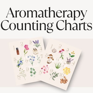 May include: Two printable aromatherapy counting charts with watercolor illustrations of various herbs, flowers, and essential oils. The charts are numbered 1-10.