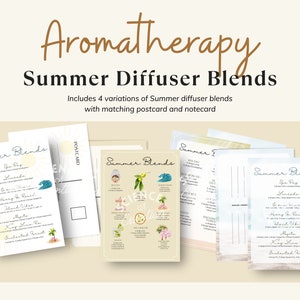 Op de afbeelding: Vier printbare kaarten met zomerse aromatherapie-diffuserblends. Elke kaart heeft een aquarel-illustratie en een lijst met etherische oliën en hun toepassingen. De kaarten zijn gelabeld met "Summer Blends" en bevatten blends zoals "Spa Day", "Lemonade", "Beach Vibes" en "Enchanted Forest".