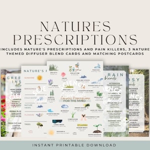 May include: A set of printable cards and postcards with the text "NATURES PRESCRIPTIONS". The cards feature nature-themed diffuser blend recipes and illustrations, including "Rain Blends" and "Green Ins". The design is light and airy.