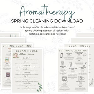 May include: Printable spring cleaning checklist with essential oil diffuser blends and recipes. The checklist includes a list of cleaning tasks and essential oil recipes for a clean house. The checklist is in a light gray color with black text and illustrations.