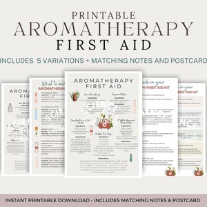 May include: Printable aromatherapy first aid guide with five variations. The guide includes instructions for making essential oil blends for common ailments like sore throats, headaches, and insect bites. The guide features a first aid kit illustration with a red cross.
