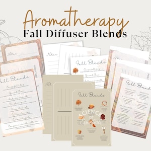 Könnte beinhalten: Druckbare Rezeptkarten für Herbst-Diffuser-Mischungen mit herbstlichen Farben und Illustrationen. Die Karten tragen Titel wie "Lagerfeuer-Marshmallow", "Würziger Chai" und "Cranberry-Apfel".