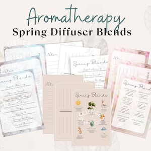 Könnte beinhalten: Druckbare Rezepte für Aromatherapie-Diffuser-Mischungen für den Frühling. Die Karten haben einen Aquarellhintergrund mit floralen Designs und handschriftlichem Text. Die Rezepte beinhalten Namen wie "Spring Treat", "Don't Worry Be Happy" und "April Showers".