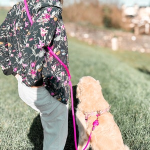 Könnte beinhalten: Eine Person geht mit einem Golden Retriever an der pinkfarbenen Leine spazieren. Der Hund trägt ein pinkfarbenes und weiß gemustertes Geschirr.