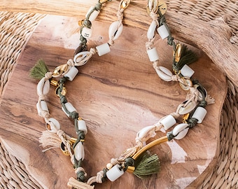 Collier perle anti tique EM en céramique naturel double "Kaki"