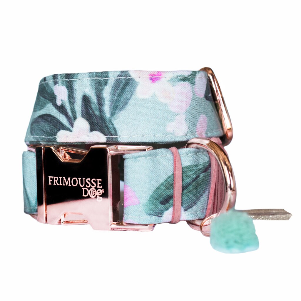 Collier Chien Réglable, Dog Collar, Collier Boucle Rose Dorée, Coton Tissu Feuillage, Modèle Sakura