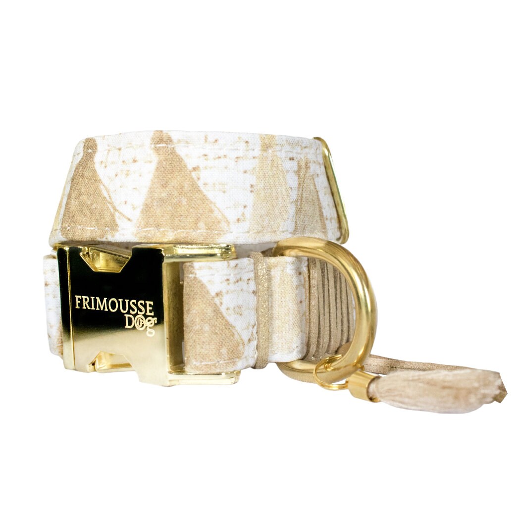 Collier Chien Réglable, Dog Collar, Collier Boucle Dorée, Coton Tissu Pompon , Modèle Ramsès