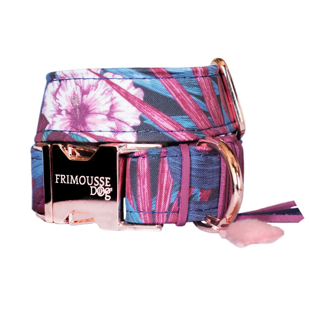 Collier Chien Réglable, Dog Collar, Collier Boucle Rose Dorée, Coton Tissu Fleurs, Modèle Sherry