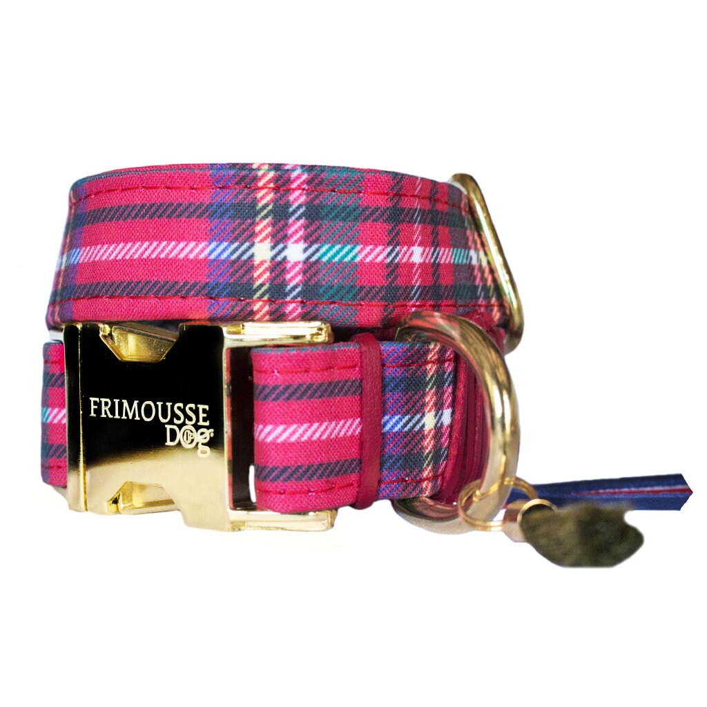 Collier Chien Réglable, Dog Collar, Collier Boucle Dorée, Coton Tissu Ecossais, Modèle Sherlock