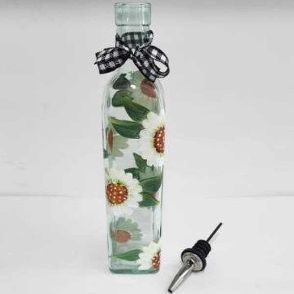 Hand Painted Olive Oil, Soap or Vinegar Dispenser, Clear Bottle with White Daisies/Leaves   28 oz Capacity     FREE SHIPPING