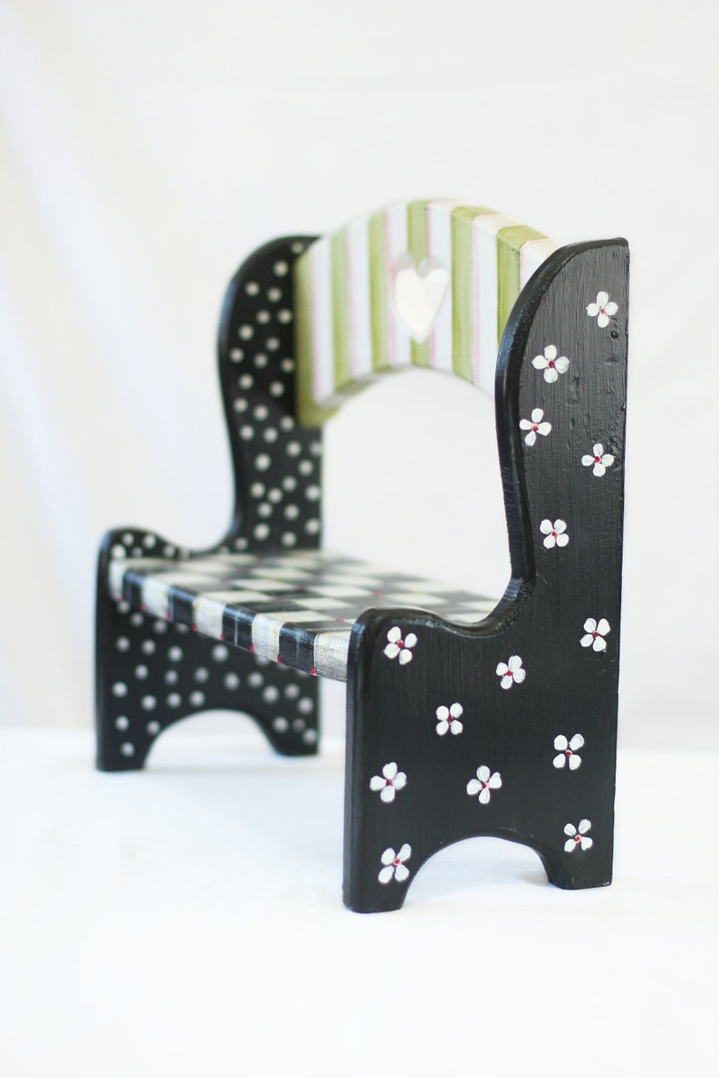 Little Girl Bench Doll Bench Painted Doll Bench Polka Dot Doll Bench Checked Bench Painted Doll Bench Floral Painted Doll Bench