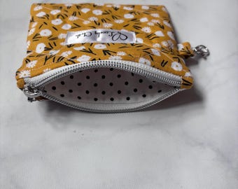 Mustard Floral Mini Zippered Keychain Wallet | Quilted Cotton Coin Purse | Small Card Holder | Cute Everyday Essentials Pouch