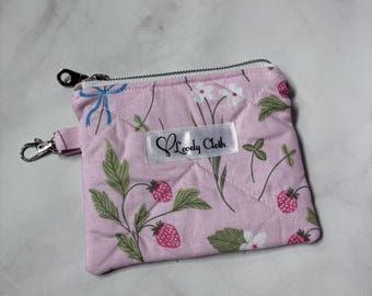 Strawberry Bows Mini Zippered Keychain Wallet | Quilted Cotton Coin Purse | Small Card Holder | Cute Everyday Essentials Pouch