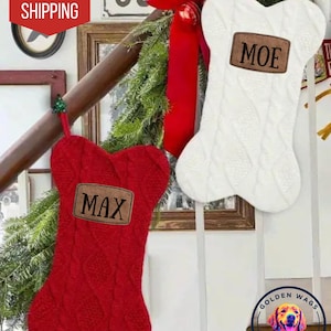 Dog Bone Stocking • Personalized Dog Bone Stocking with Leather Patch • Pet Holiday Gift • Pet Holiday Stocking • FREE SHIPPING