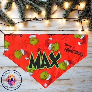 Personalized Grinch Dog Bandana • Personalized Christmas Bandana • Over the Collar Bandana • Personalized Dog Bandana • Grinch Dog Gift
