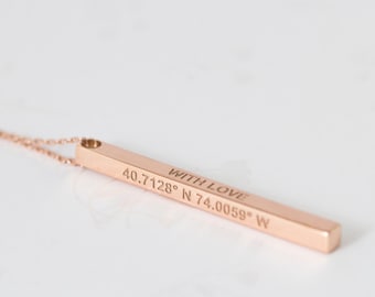 Personalized 3D Bar Necklace - Dainty 4 Sided Vertical Bar Necklace - Engraved Necklace - Mother's Gift - Graduation Gift - Christmas Gift