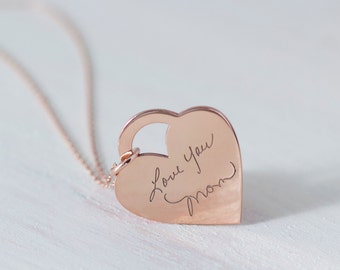 Engraved Signature Necklace with Heart Charm - Personalized Signature necklace - Keepsake Handwriting Charm - Mother's Gift