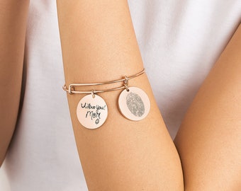 Expandable Engraved Handwriting Disc Bracelet - Bangle with Engraved Discs - Memorial Bangle - Bridesmaid gifts - Christmas Gift