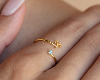 Sterling Silver Zodiac Ring with CZ Birthstone Charm - Christmas Gift