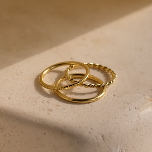 Thin Stacking Rings • Set of 3: Midi Ring, Twist Ring, Lined Ring • Thin Gold Rings • Notched Ring • Minimalist Rings
